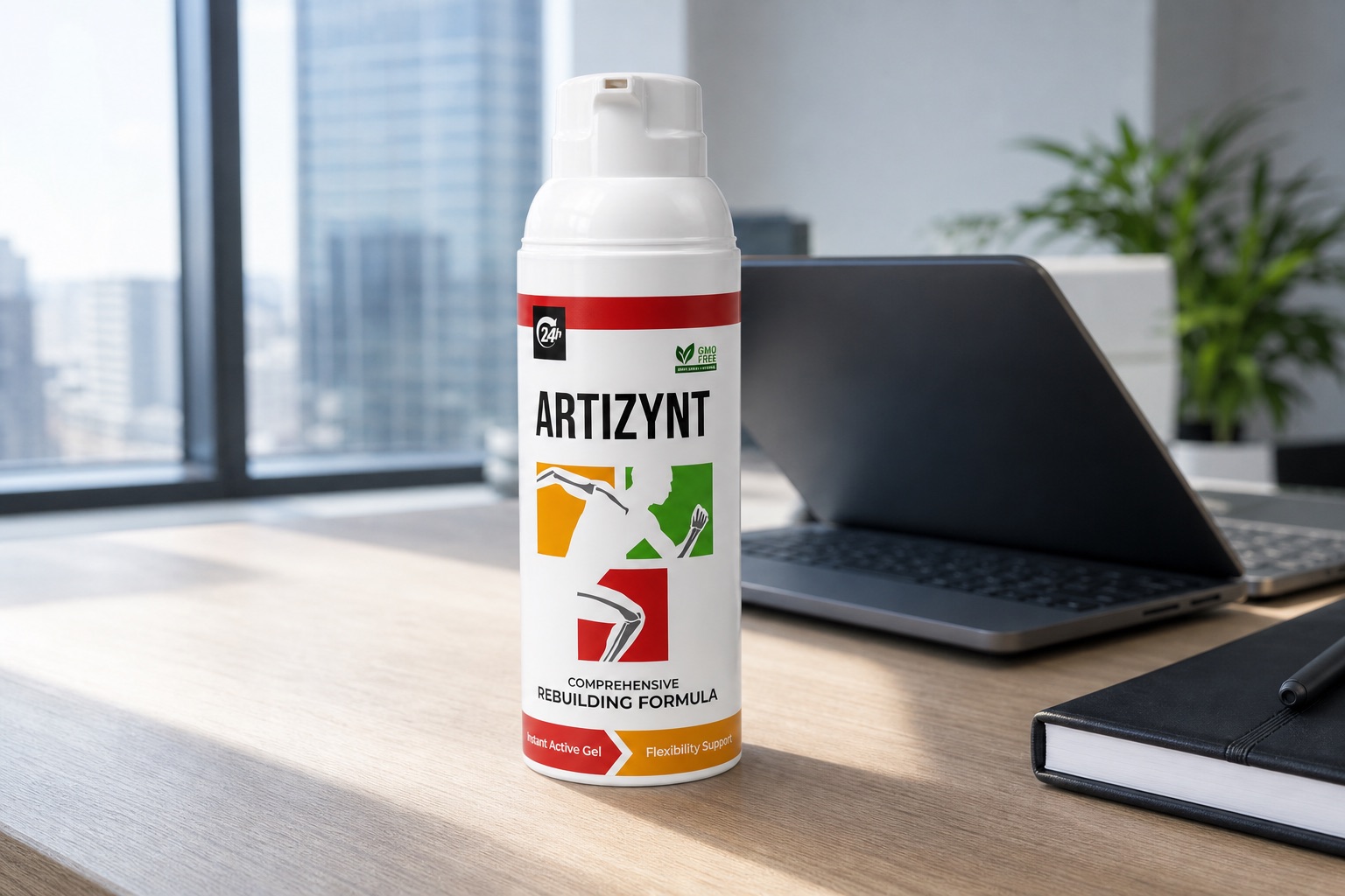 Biela pumpa ArtiZynt Gel na kancelárskom stole pri notebooku, bez krabičky