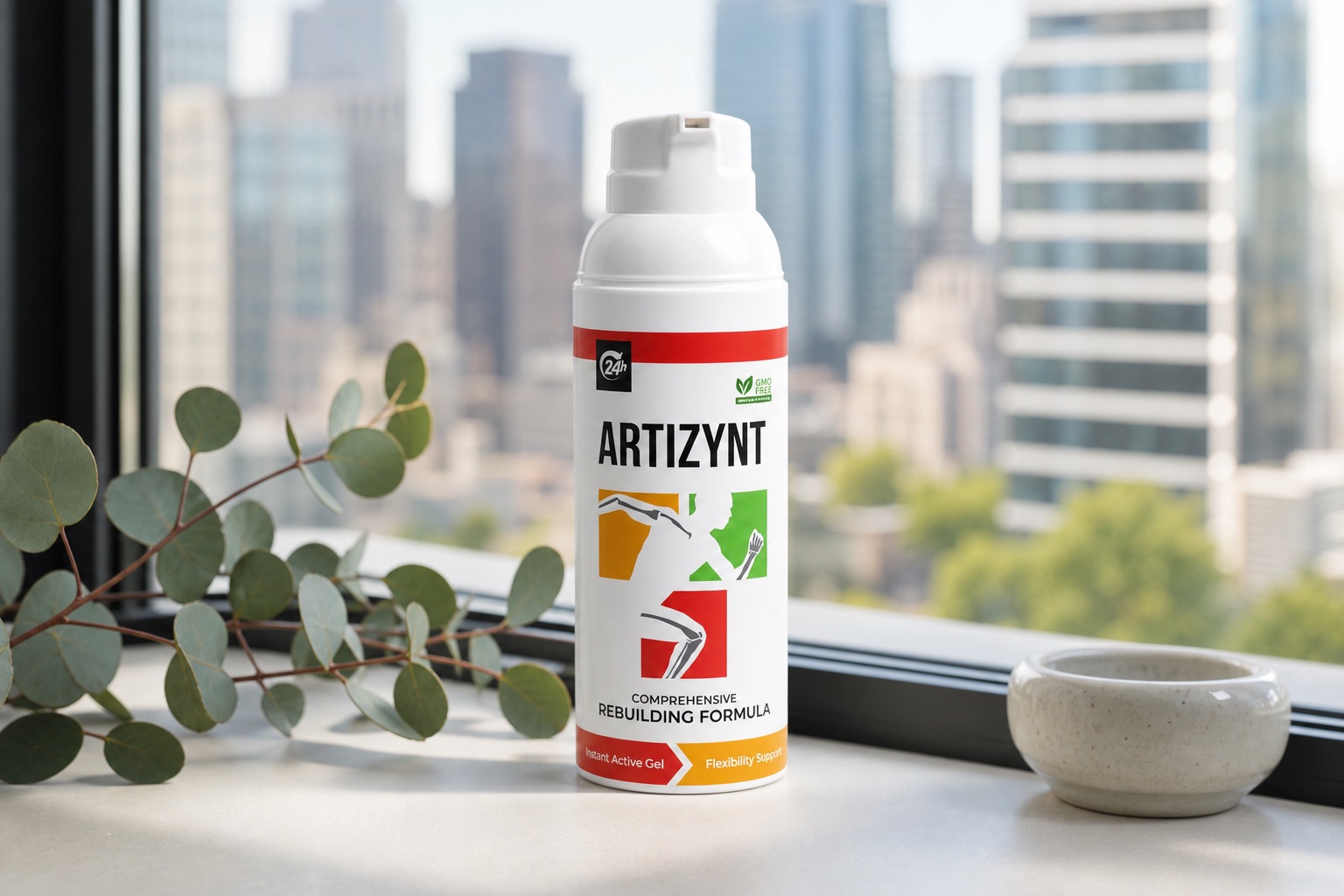 Pumpa ArtiZynt na parapete s eukalyptom, mesto v pozadí